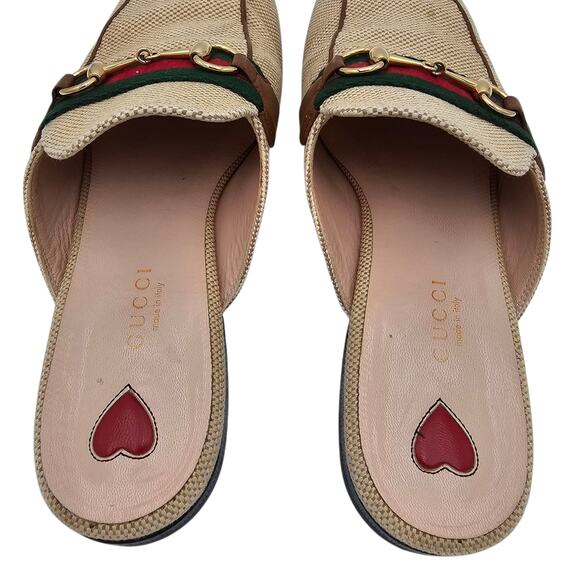 Gucci Princetown Horsebit Flat Mule Slipper Canvas Beige Web Stripe Size 38 US 8 - Picture 7 of 13